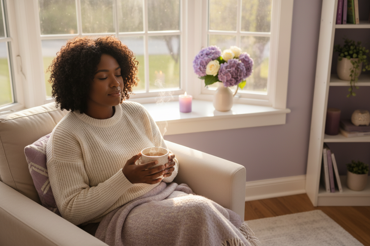 Emotional Wellness — woman in peaceful reflection by a window with candle