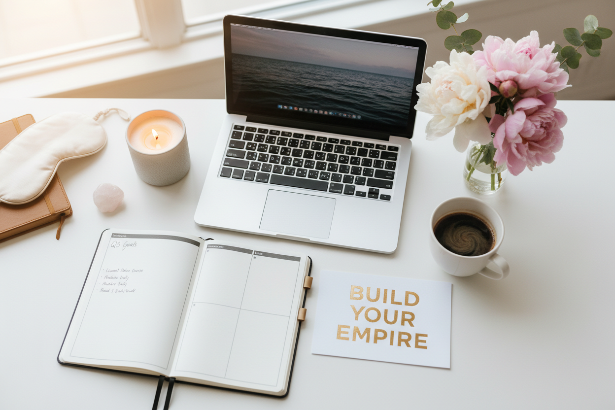 Entrepreneur Wellness — candle, planner, laptop, and coffee on a clean white desk