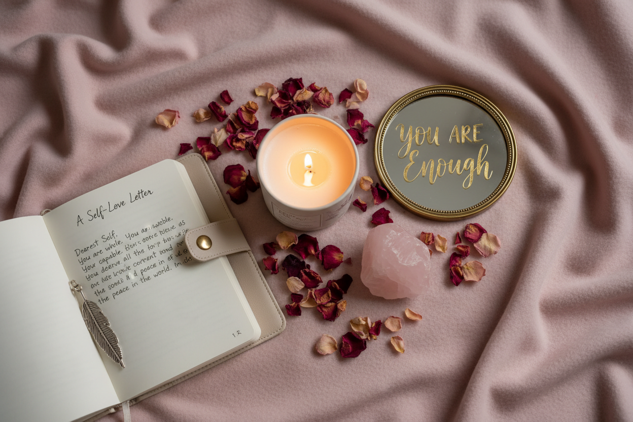 Healing and Self-Love — candle, rose petals, and You Are Enough mirror