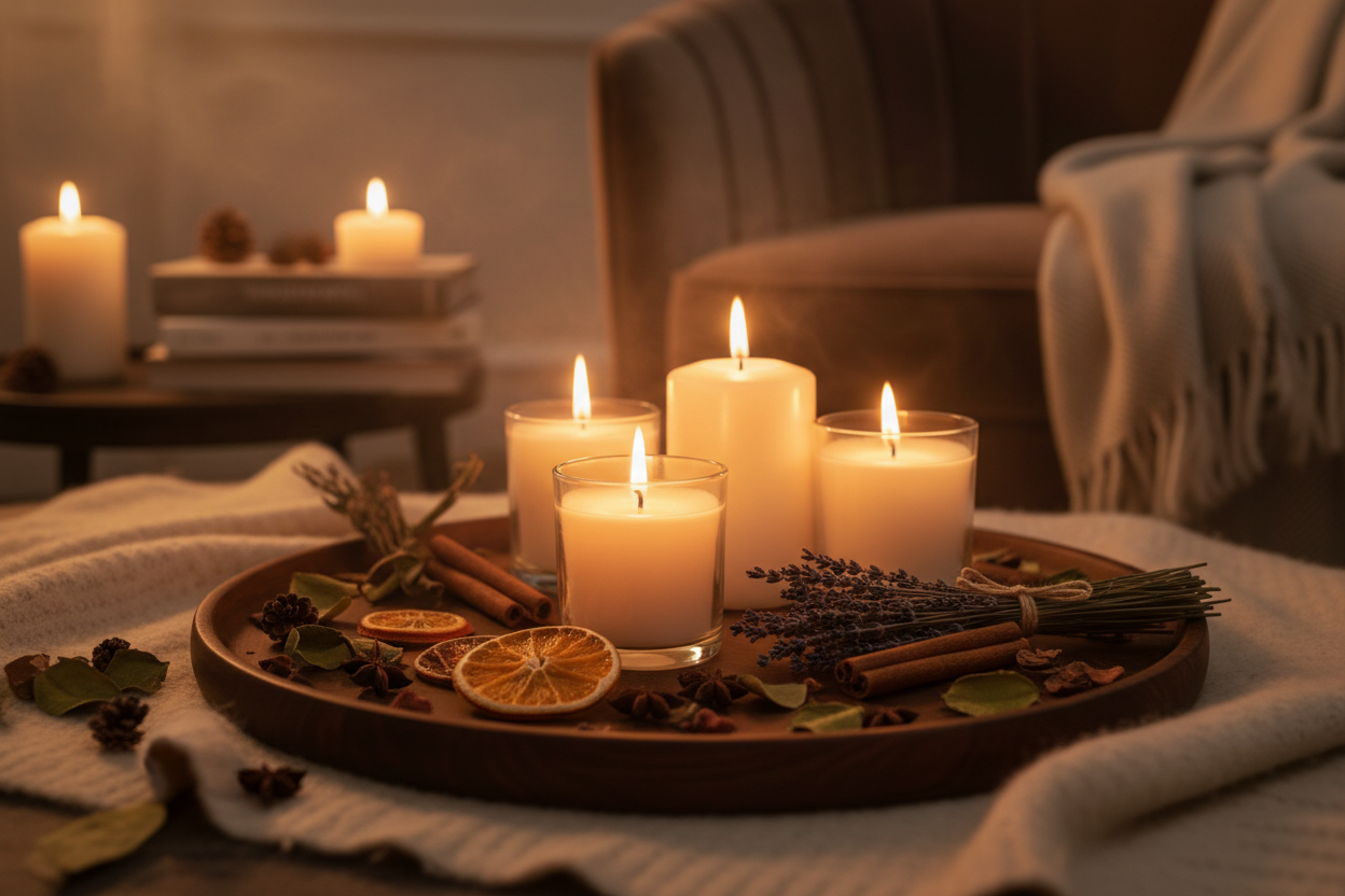 Home Fragrance Rituals — multiple lit candles with botanicals on a dark wood tray