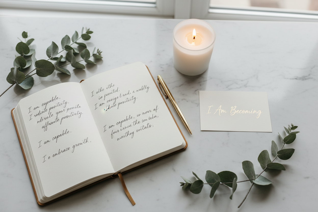 Mindset and Motivation — journal, candle, and affirmation card flat lay