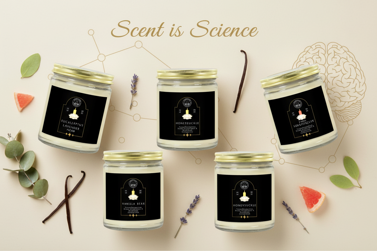 A photo of 5 glass candles with gold lids with a title of Scent is Science