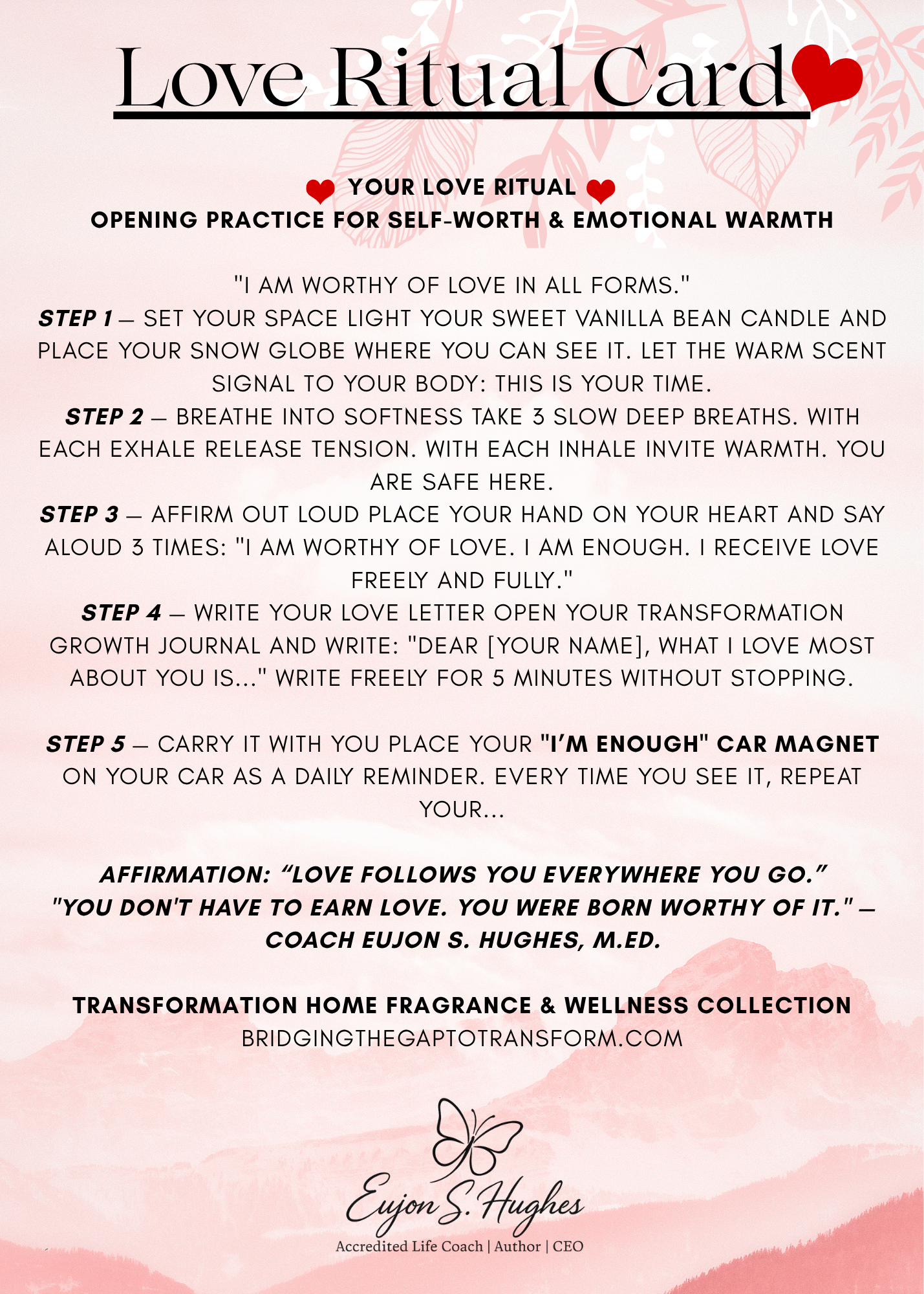 Love Ritual Card with instructions and affirmations on a pink floral background