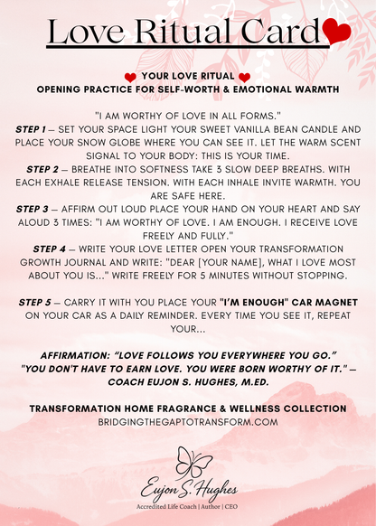 Love Ritual Card with instructions and affirmations on a pink floral background