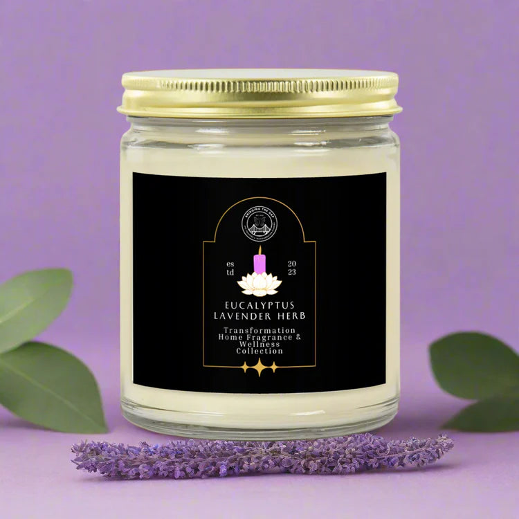 9oz Clear Jar Candle | Eucalyptus Lavender Herb Scented Glass Candle with Gold Lid