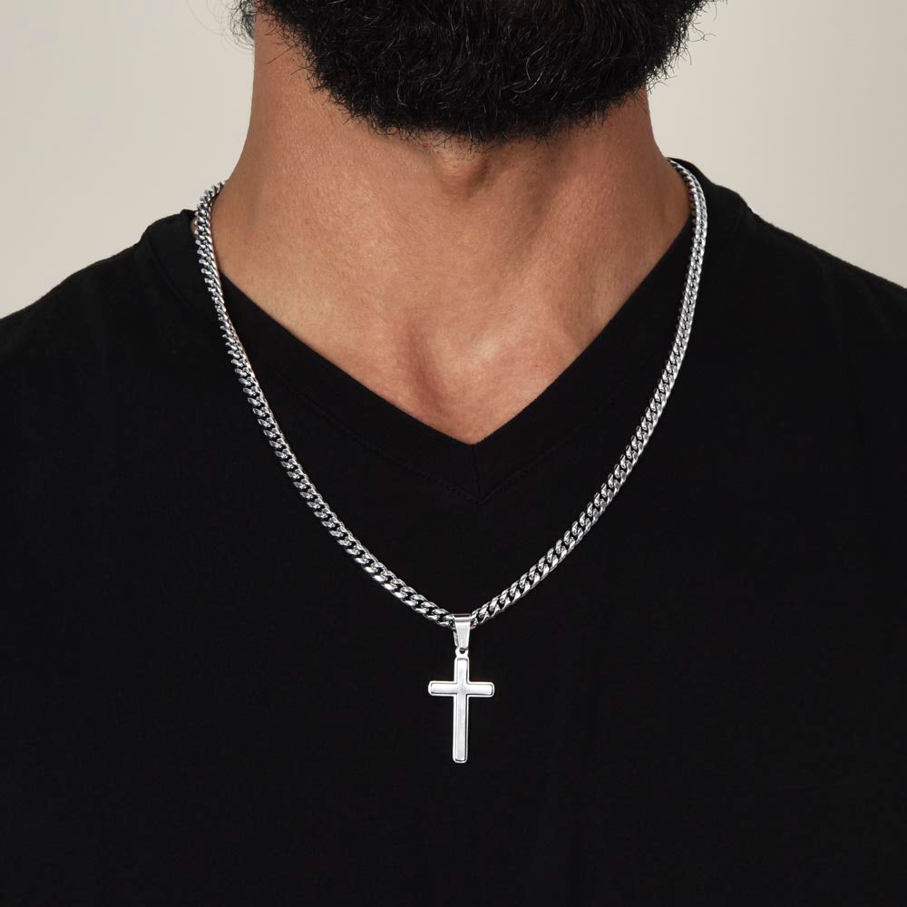 Personalized Steel Cross Necklace on Cuban Chain