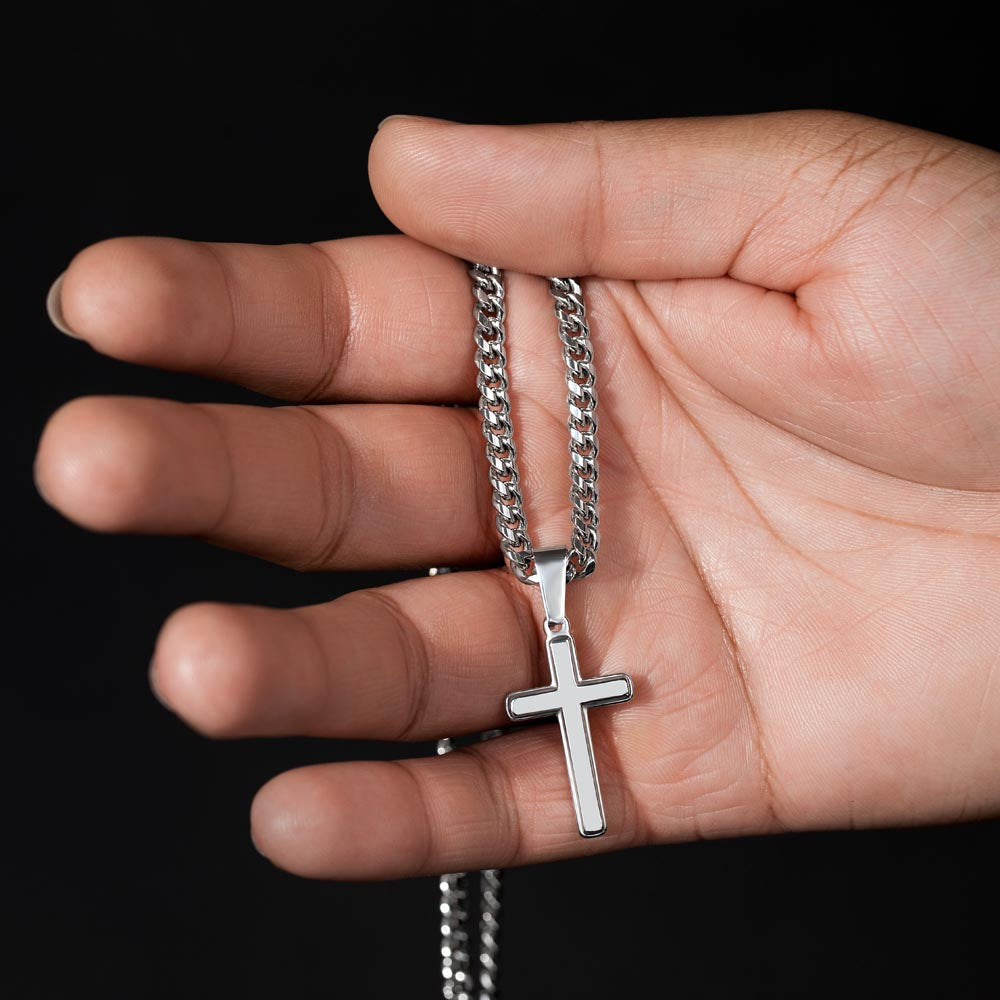 Personalized Steel Cross Necklace on Cuban Chain