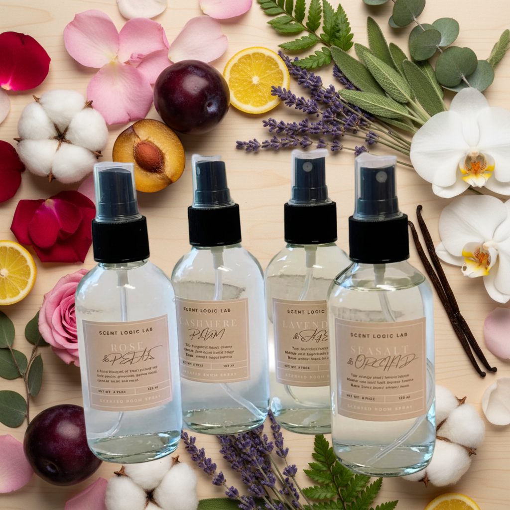 Four spray bottles on a wooden surface with flowers and fruits around them