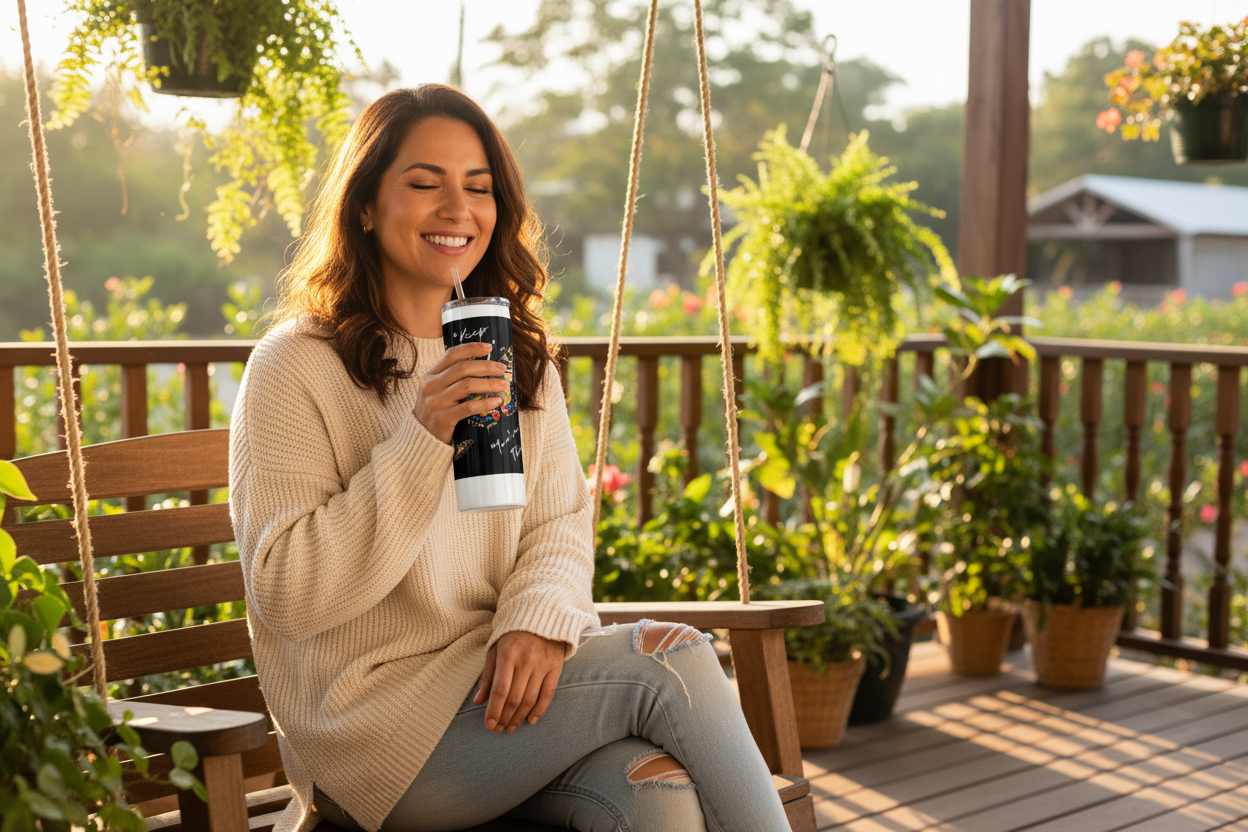 Hispanic Woman Relaxing on Porch with Black Design Tumbler
