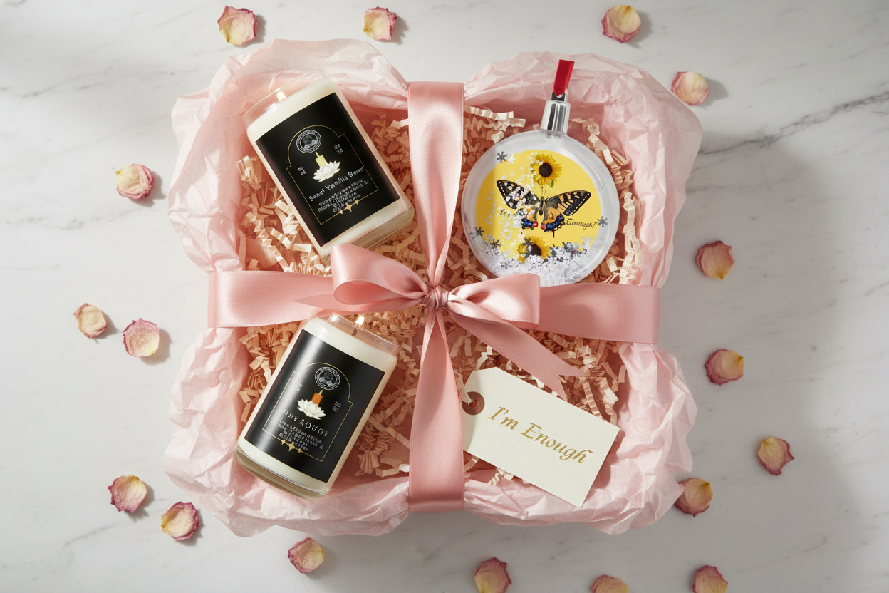 The Love Box wellness gift set beautifully gift wrapped with blush tissue paper, ribbon and rose petals
