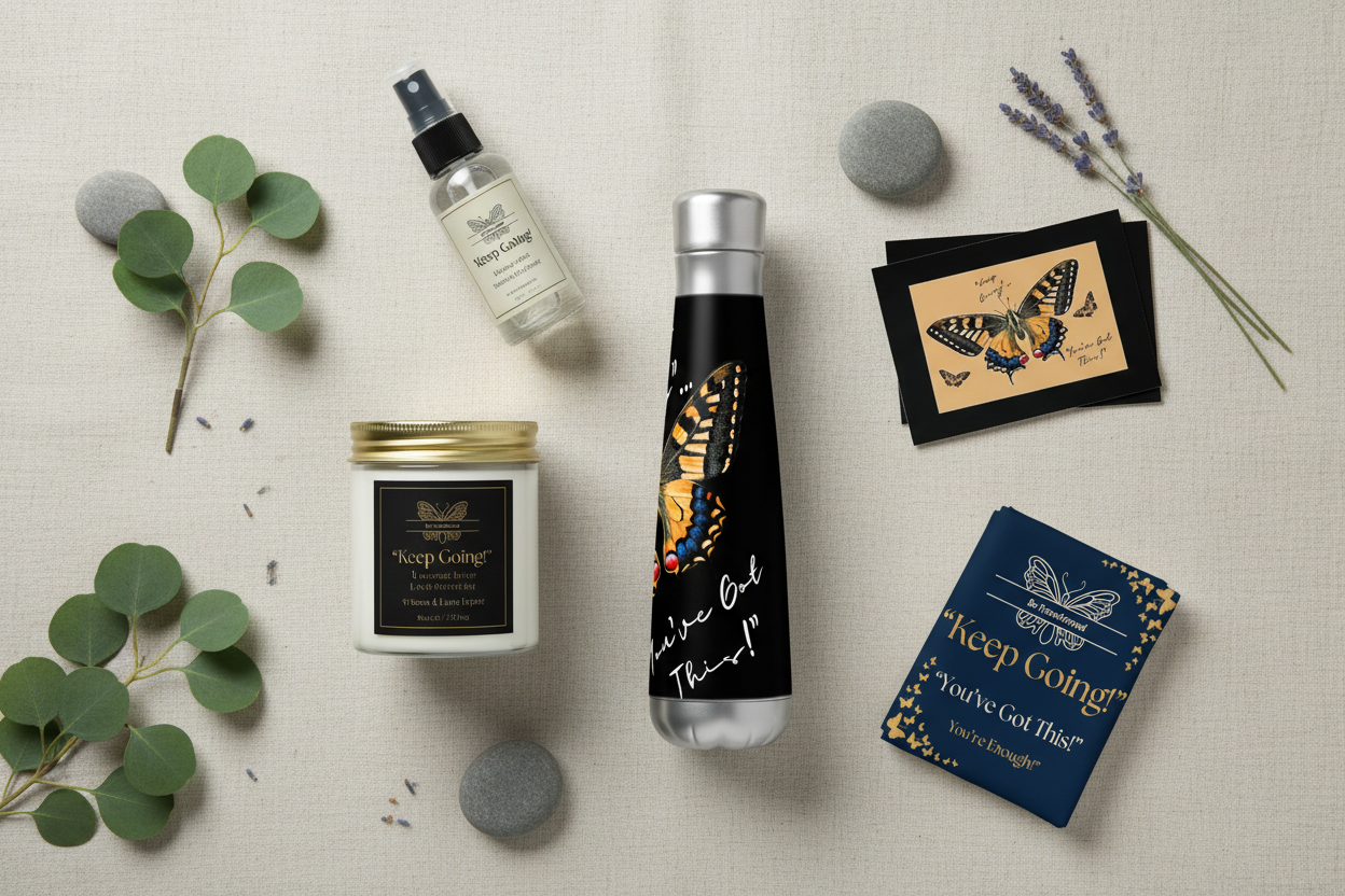 The Healing Box wellness gift set styled as a healing flat lay with all 5 products on natural linen