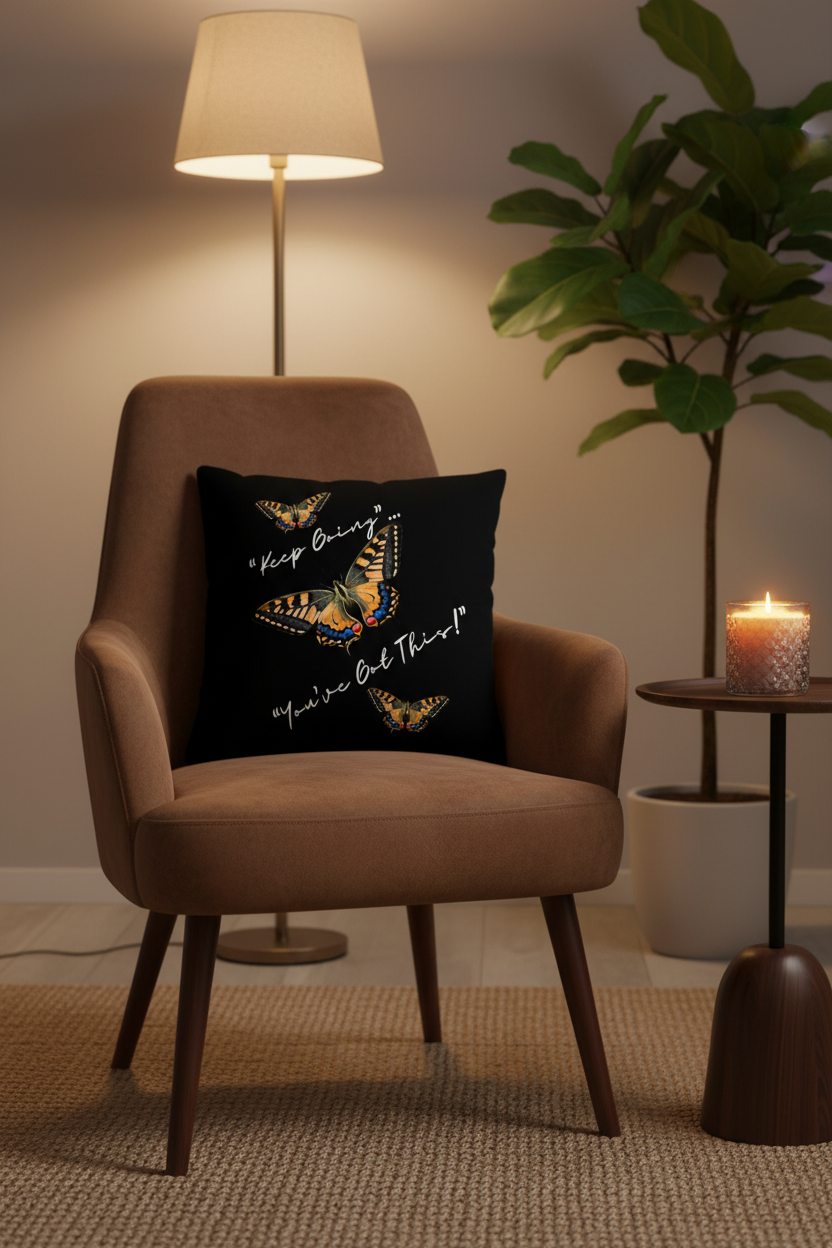 Keep Going Black Pillow on Accent Chair